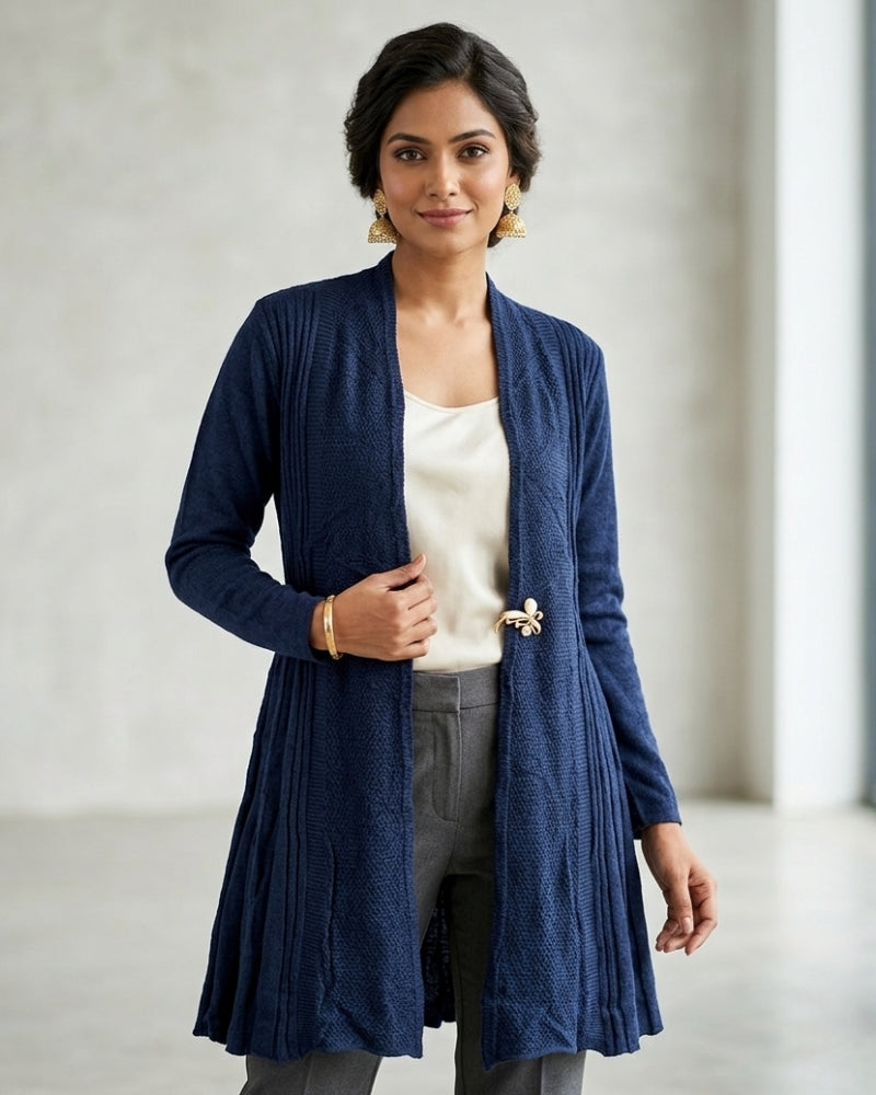Winter Woolen Long Knitted Shrug - Navy Blue