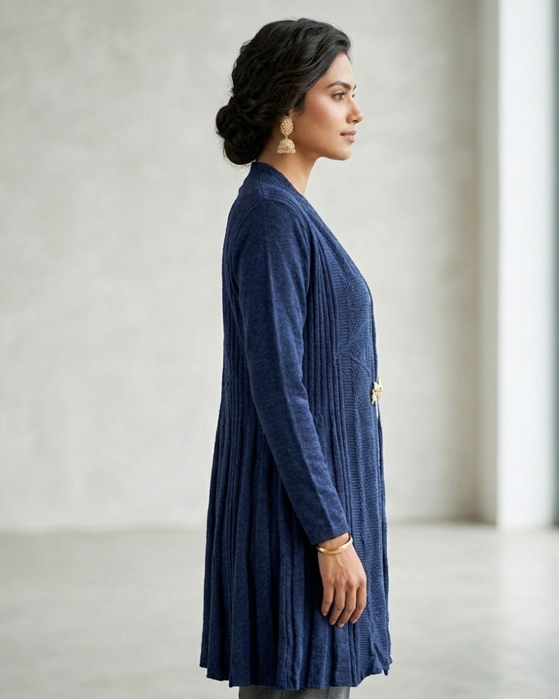 Winter Woolen Long Knitted Shrug - Navy Blue