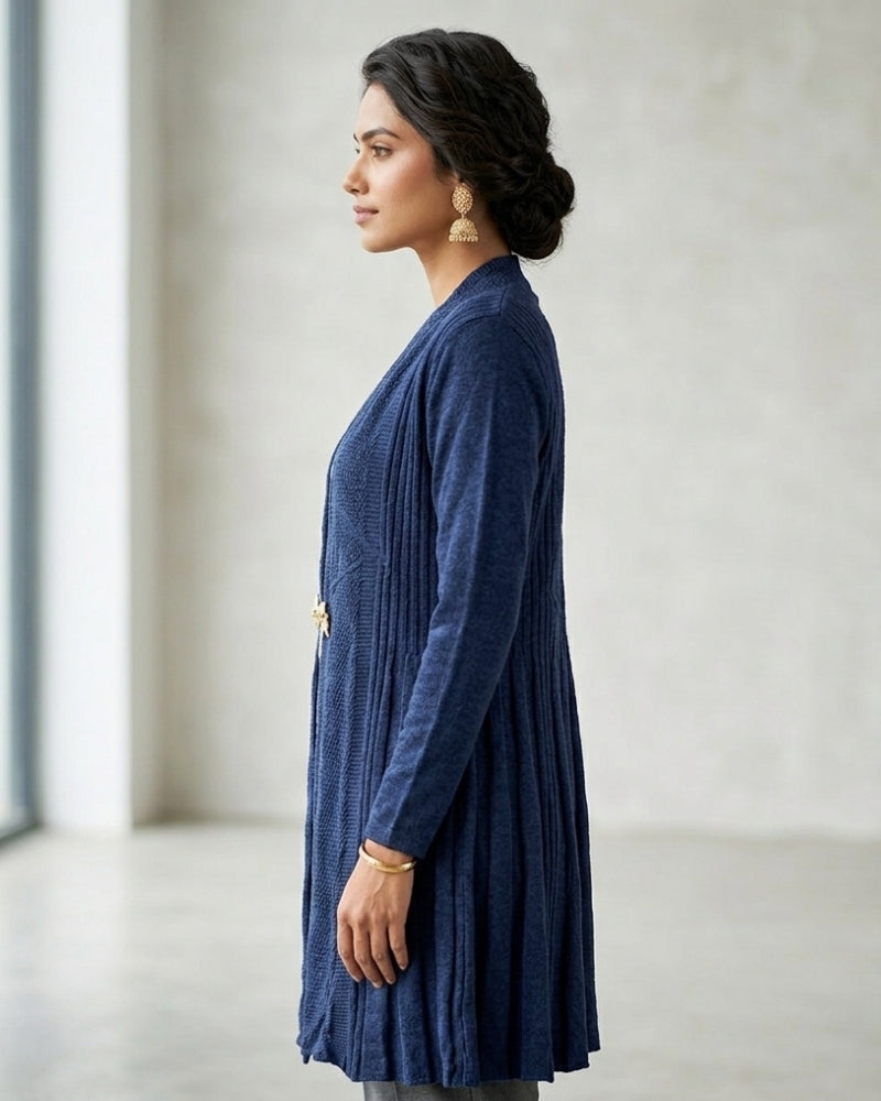 Winter Woolen Long Knitted Shrug - Navy Blue