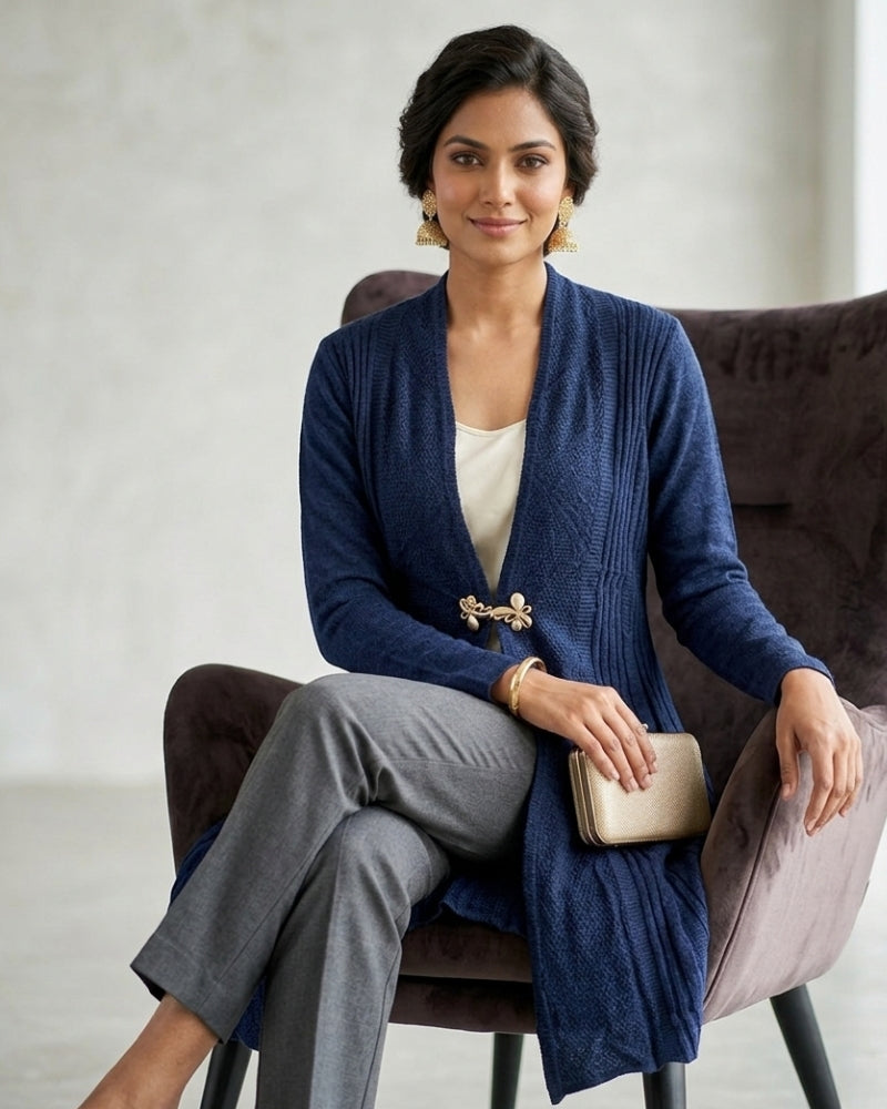 Winter Woolen Long Knitted Shrug - Navy Blue