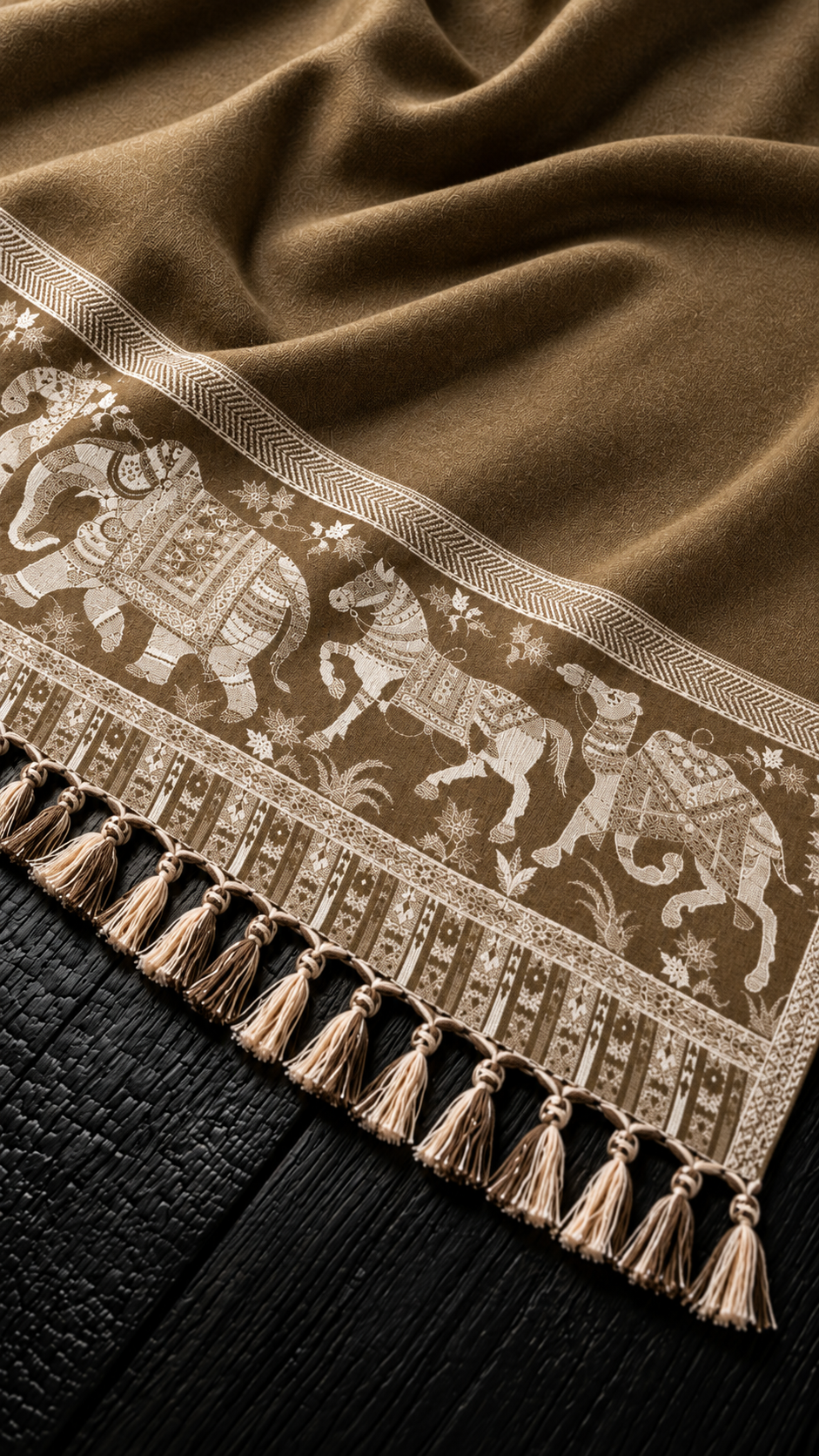 Woollen Ethnic Stole With Zari thread Work - Camel