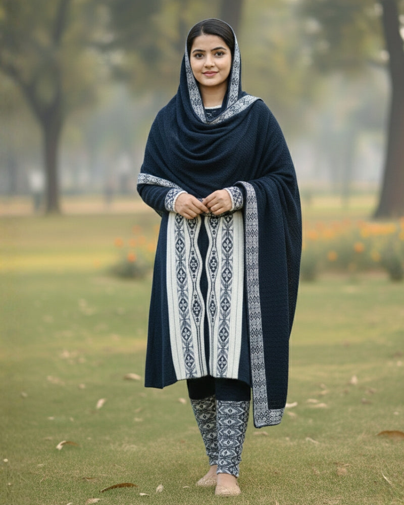 Full Sleeve Knee Length Hair Wool Fabric Navy Color 3 PC Kurti Set For Women