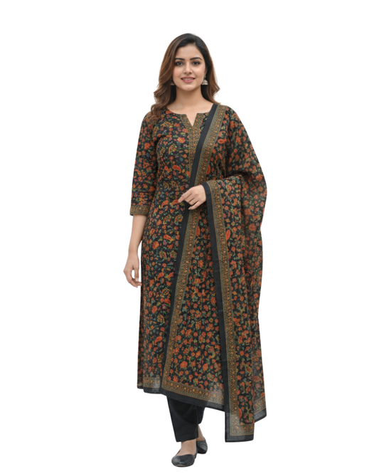 KRITI महिलाओं के लिए फ्लोरल डिज़ाइन ऊनी काले रंग का अनस्टिच्ड फ़ैब्रिक सूट सेट विंटरवियर 