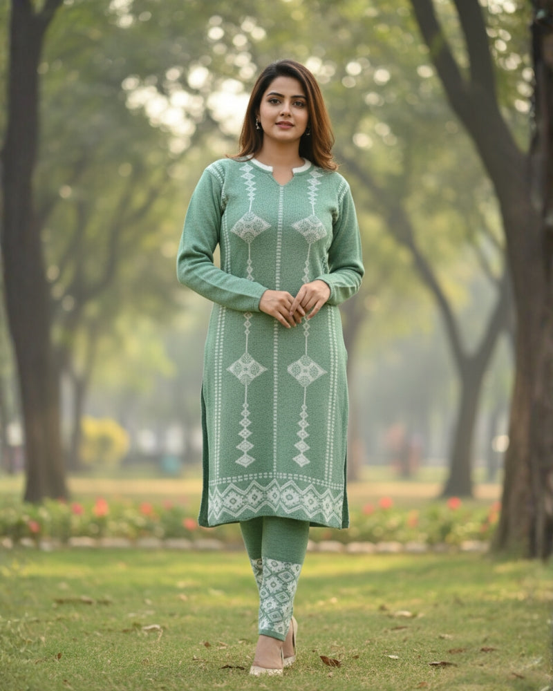 प्रीमियम 3-पीस ऊनी विंटर कुर्ती सेट | बॉटम और स्टोल के साथ बुना हुआ कुर्ता | M-XXL साइज़