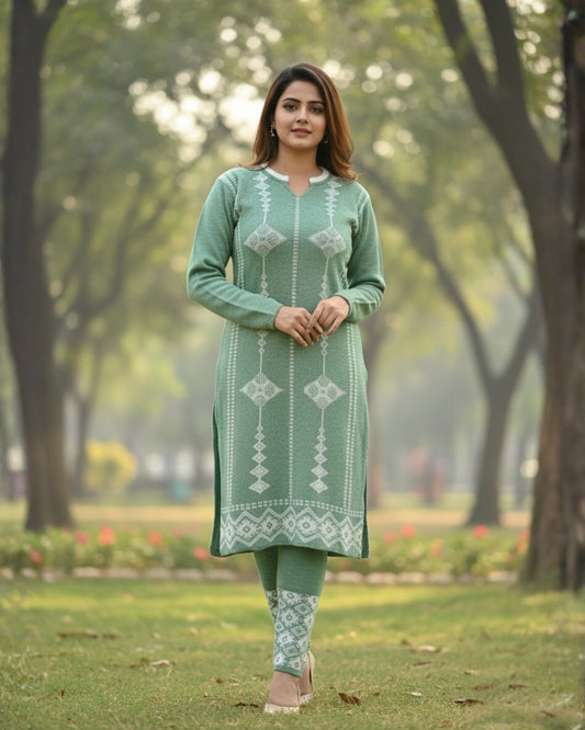 प्रीमियम 3-पीस ऊनी विंटर कुर्ती सेट | बॉटम और स्टोल के साथ बुना हुआ कुर्ता | M-XXL साइज़