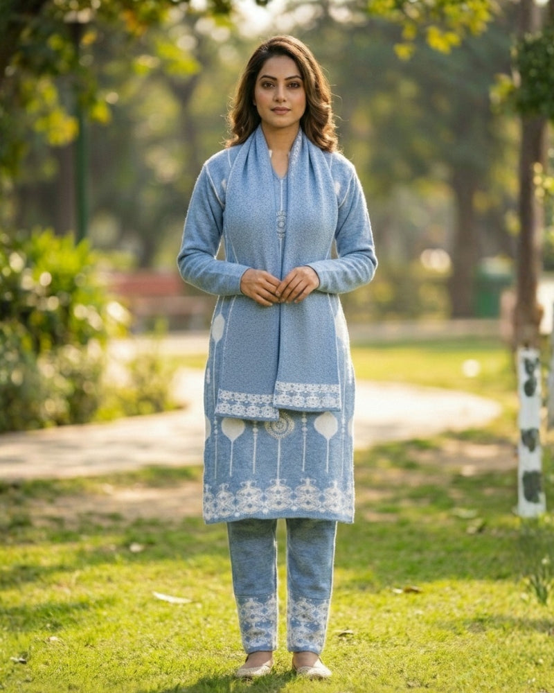 KRITI Wool Blend 3-Piece Embroidered Kurti Set for Women | Warm Knitted Kurti Lower & Stole Dupatta | Winter Indian Ethnic Wear Suit | M to XXL |
