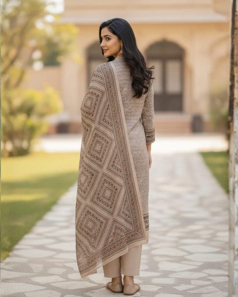 महिलाओं के लिए कृति विंटर वूलन अनस्टिच्ड सूट पीच रंग