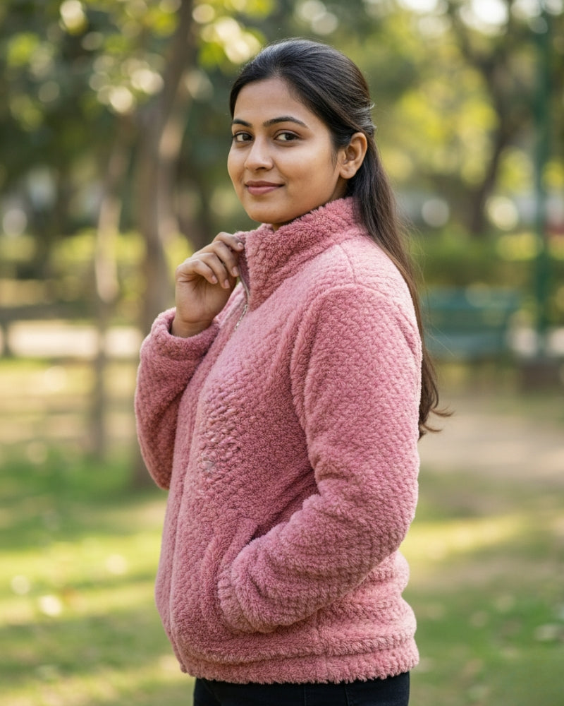 KRITI Women’s Premium Wool Blend Faux Fur Dark Pink Color Winter Jacket