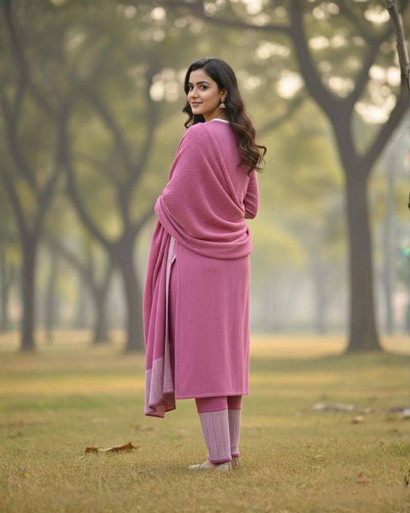 प्रीमियम 3-पीस ऊनी विंटर कुर्ती सेट | बॉटम और स्टोल के साथ बुना हुआ कुर्ता | M-XXL साइज़