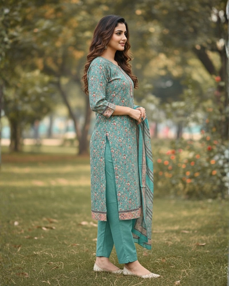 महिलाओं के लिए KRITI विंटर वूलन डिजिटल प्रिंट सिले हुए हरे रंग के सूट