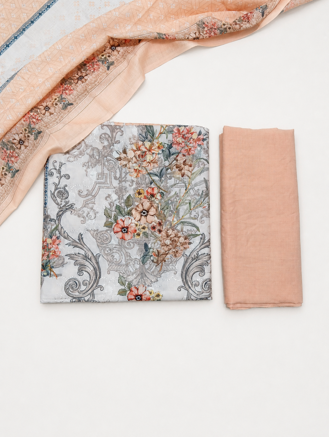 Designer Printed Cotton Unstitched Summer Suit - Peach