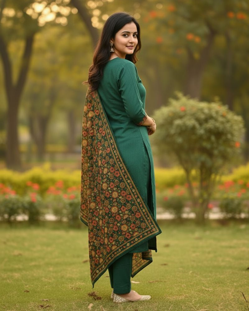 KRITI Winter Woolen Unstitched Suit Green Color For Women