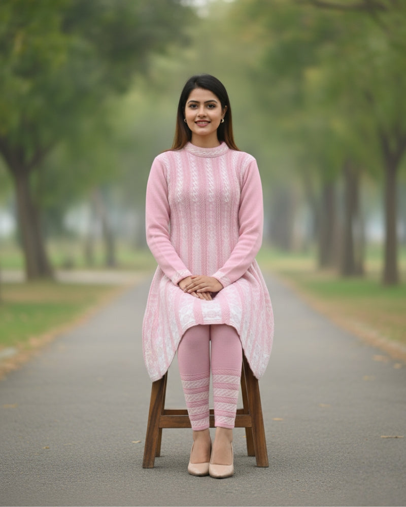 KRITI बुना हुआ ऊनी फ्रॉक कुर्ता सेट | बॉटम वियर के साथ 2-पीस विंटर कुर्ती 