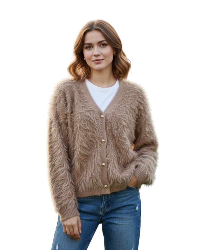 Women's Open Front Woolen Fluffy Top | Camel Oversized Fuzzy Shaggy Top | Long Sleeve & Loose Fit