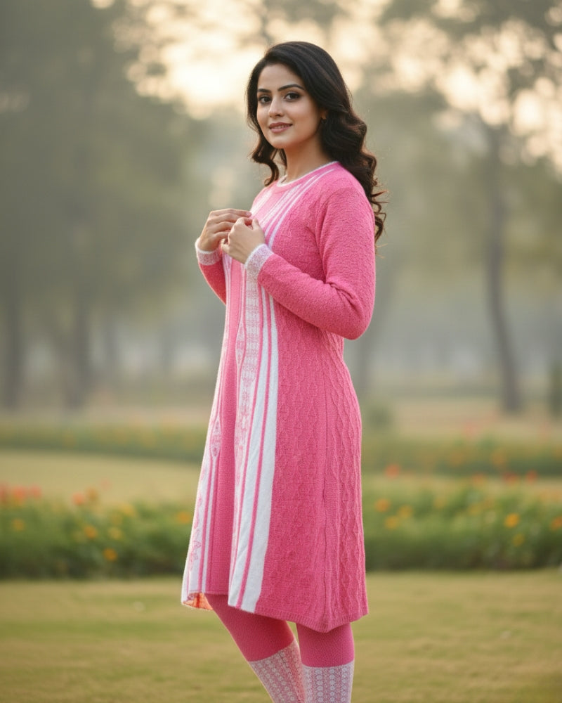Full Sleeve Knee Length Woolen Fabric Pink Color 3 PC Kurti Set For Women