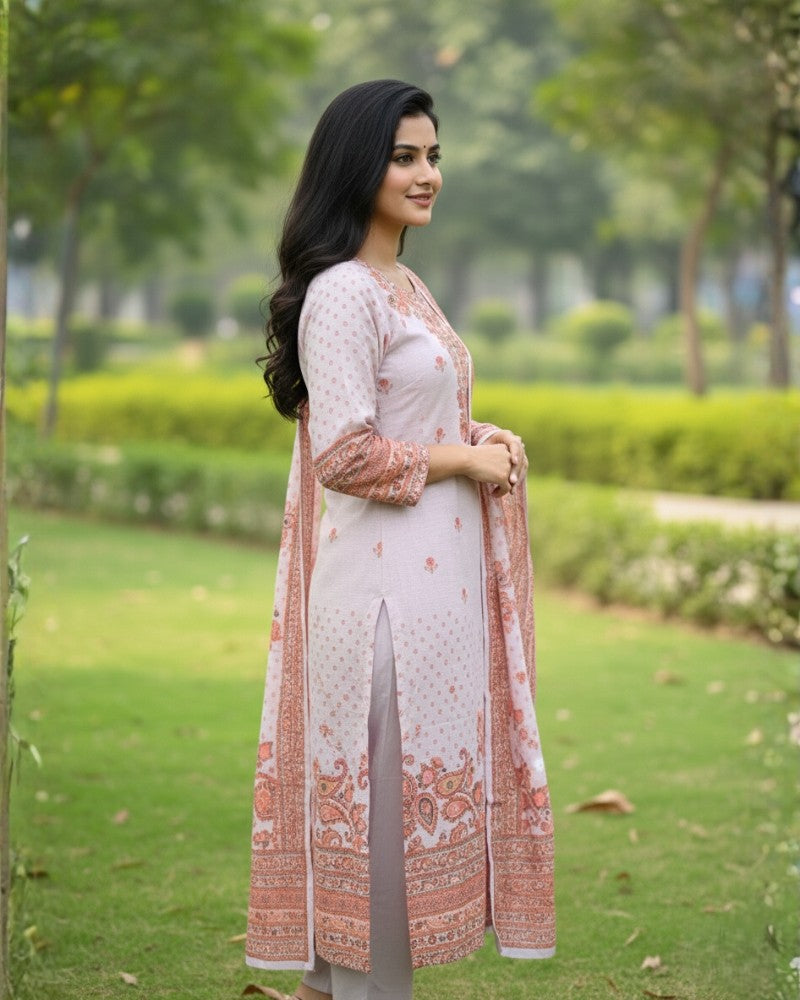 KRITI ऊनी डिजिटल प्रिंट सिले सूट हल्के लैवेंडर रंग महिलाओं के लिए सर्दियों के लिए