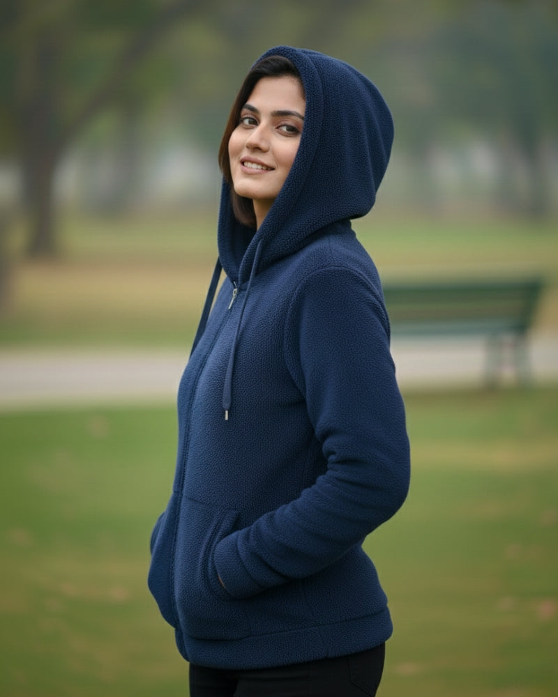 Woolen Blend Warm Hooded Sweatshirt - Blue