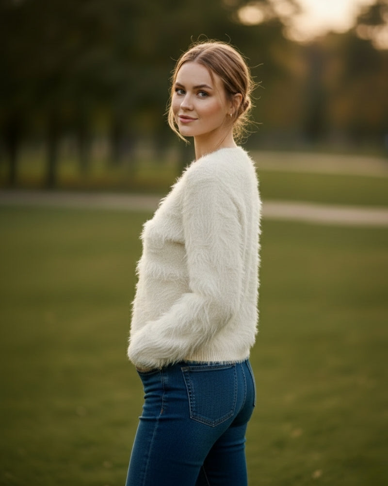 Women's Open Front Woolen Fluffy Top | Cream Oversized Fuzzy Shaggy Top | Long Sleeve & Loose Fit