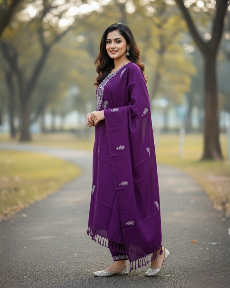 KRITI ऊनी कढ़ाईदार सिले सूट बैंगनी रंग महिलाओं के लिए सर्दियों