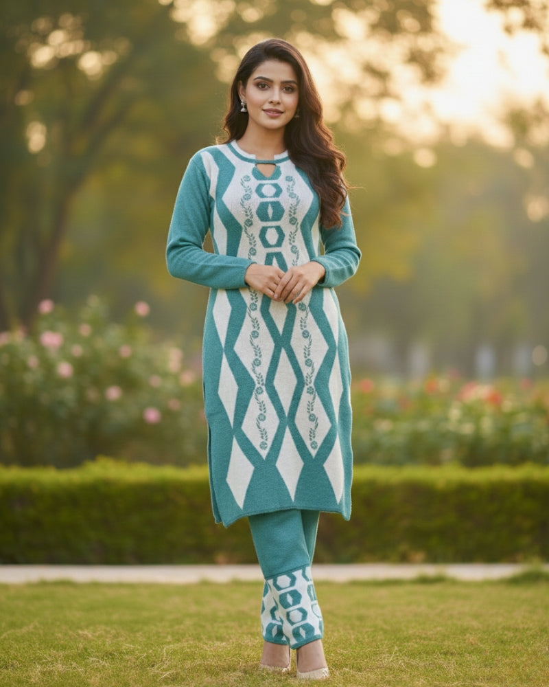Women's Geometric Print Aqua Color Woolen Kurti Set with Stole  | Warm Winter 3-Piece Suit