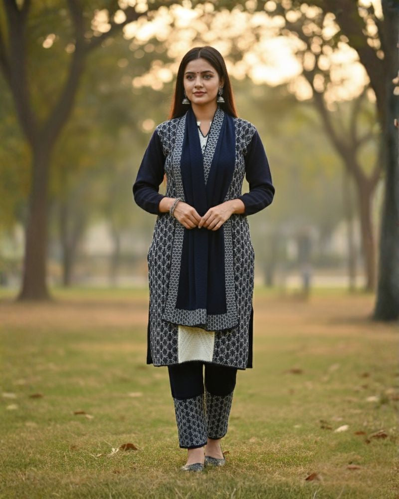 प्रीमियम 3-पीस ऊनी विंटर कुर्ती सेट | बॉटम और स्टोल के साथ बुना हुआ कुर्ता | M-XXL साइज़