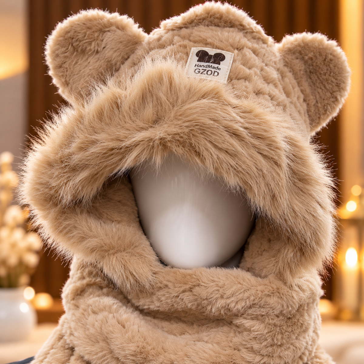 Faux Fur Teddy Bear Hooded Cap with Neck Warmer - Beige