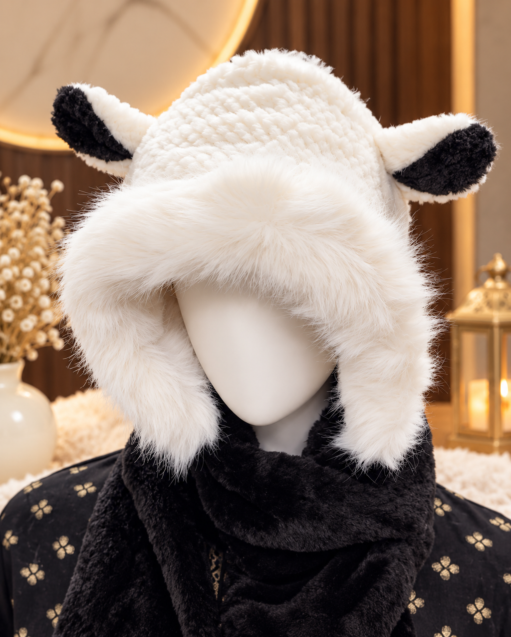 Faux Fur Teddy Bear Hooded Cap with Neck Warmer - Panda