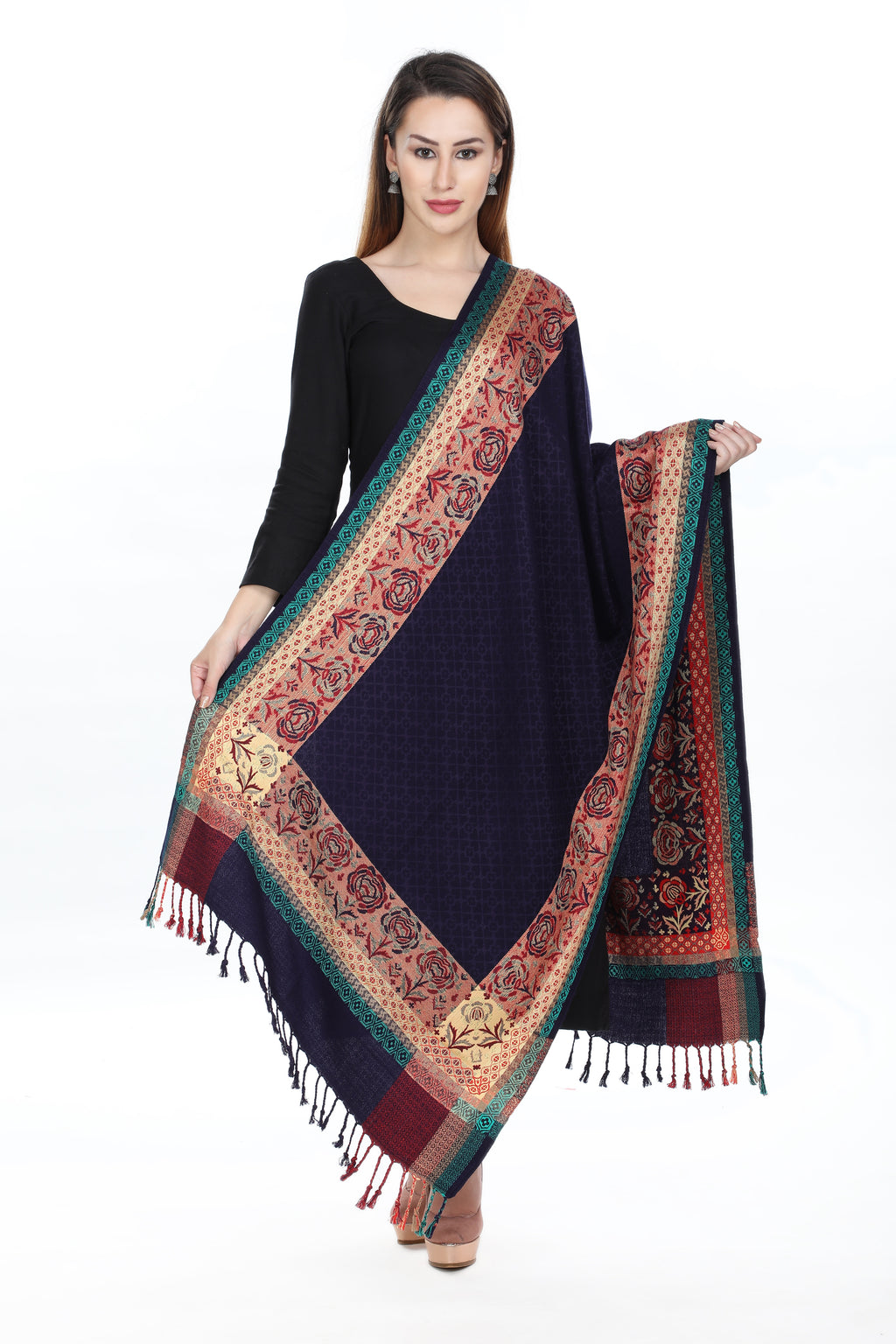 Paisley Design Woolen Black Color Stole For Girl