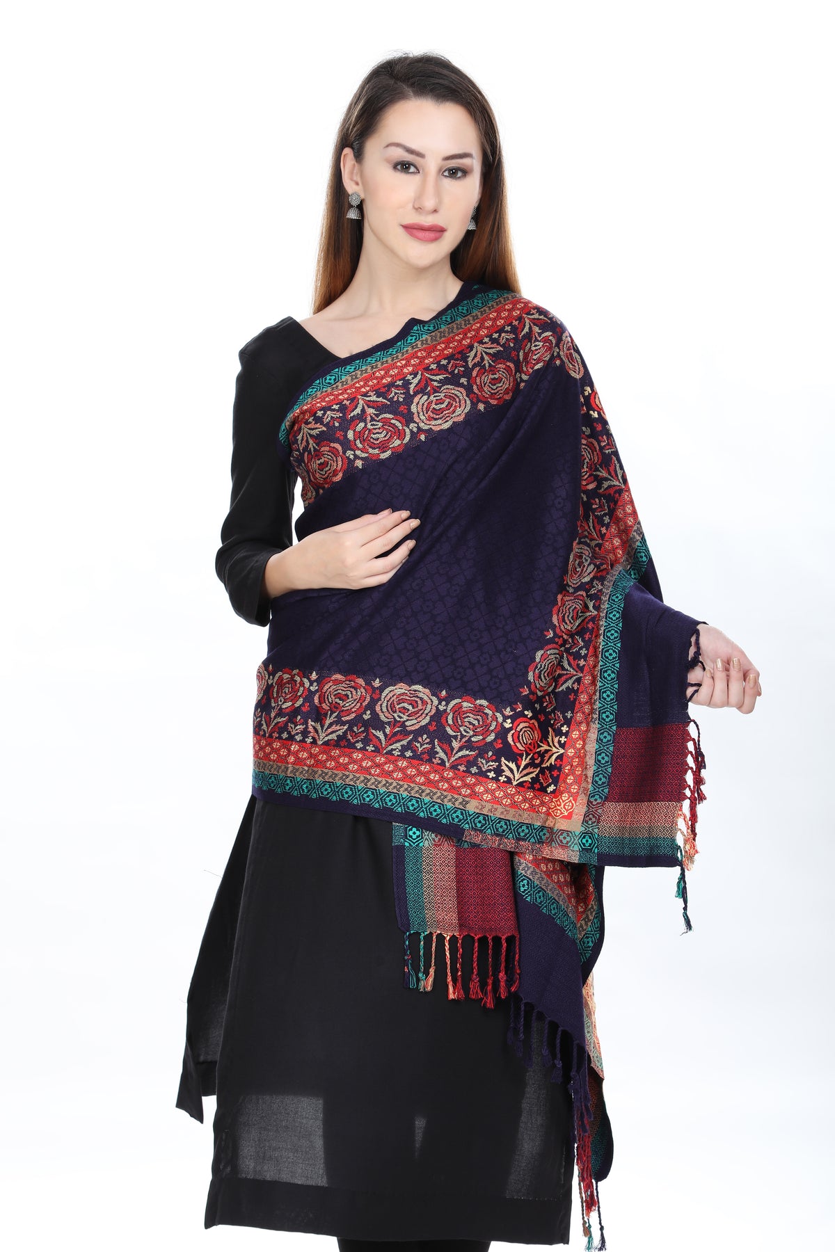 Paisley Design Woolen Black Color Stole For Girl