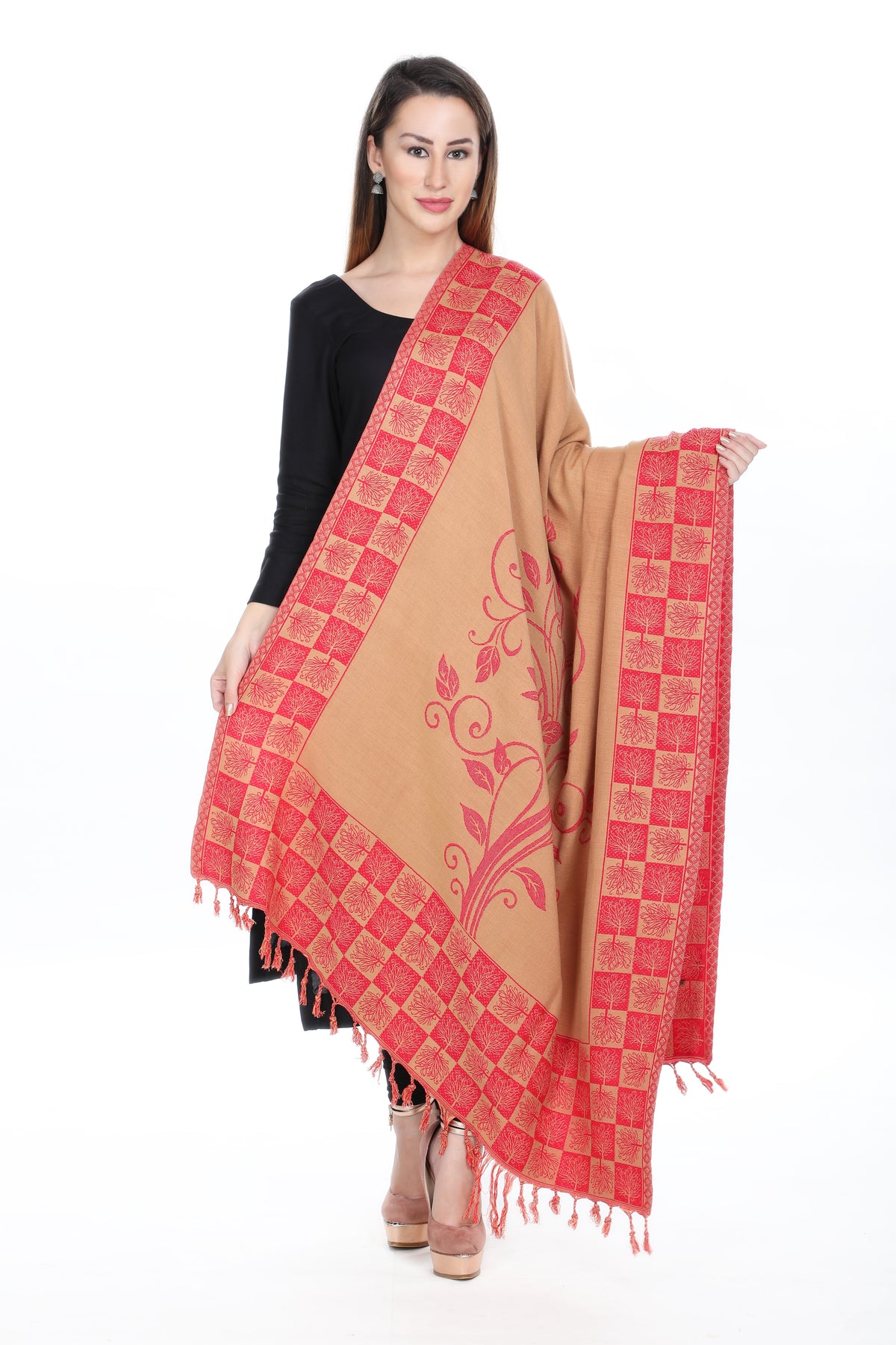 Paisley Designer Woollen Reversible Shawl - Beige