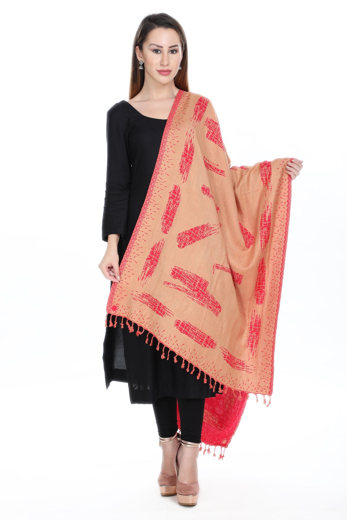 Striped Designer Woollen Reversible Stole - Red Camel