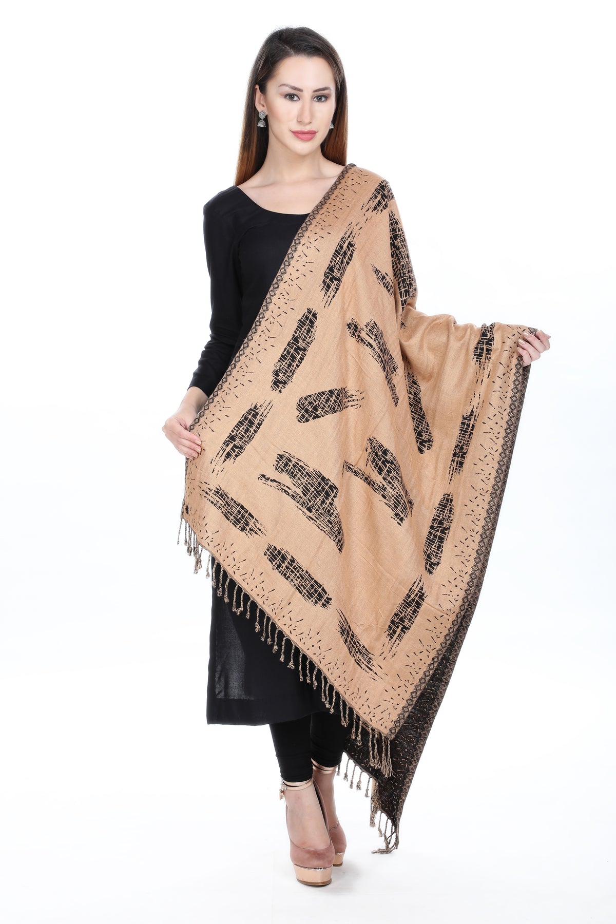 Striped Designer Woollen Reversible Stole - Black Camel