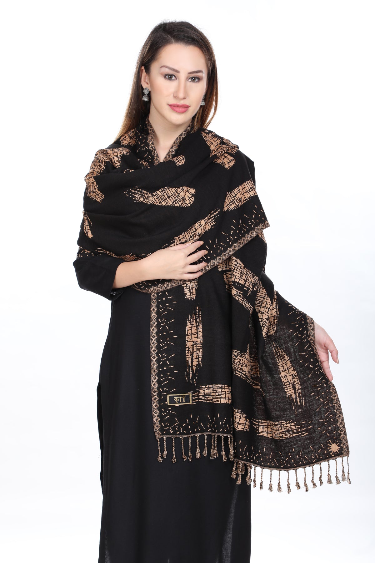 Striped Designer Woollen Reversible Stole - Black Camel
