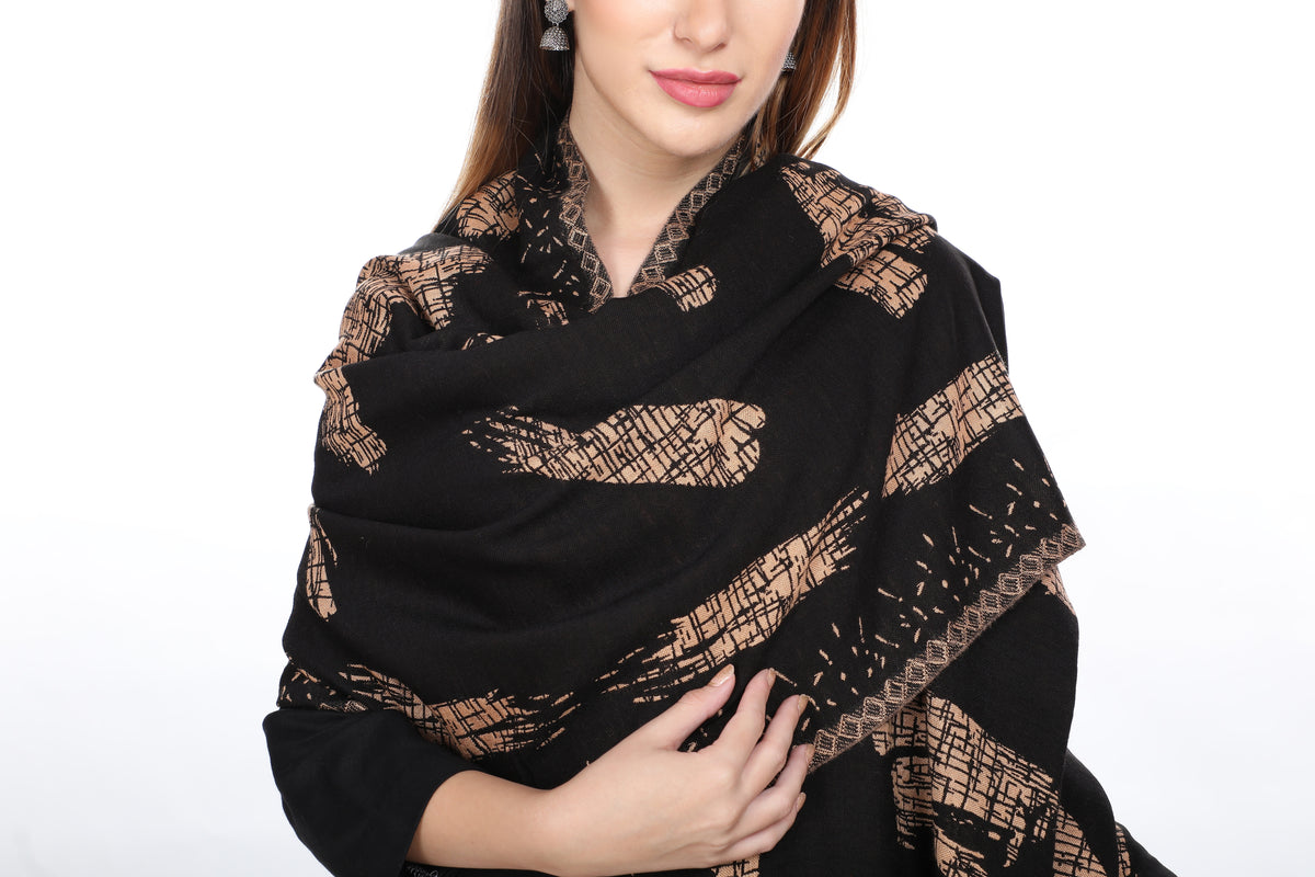 Striped Designer Woollen Reversible Stole - Black Camel