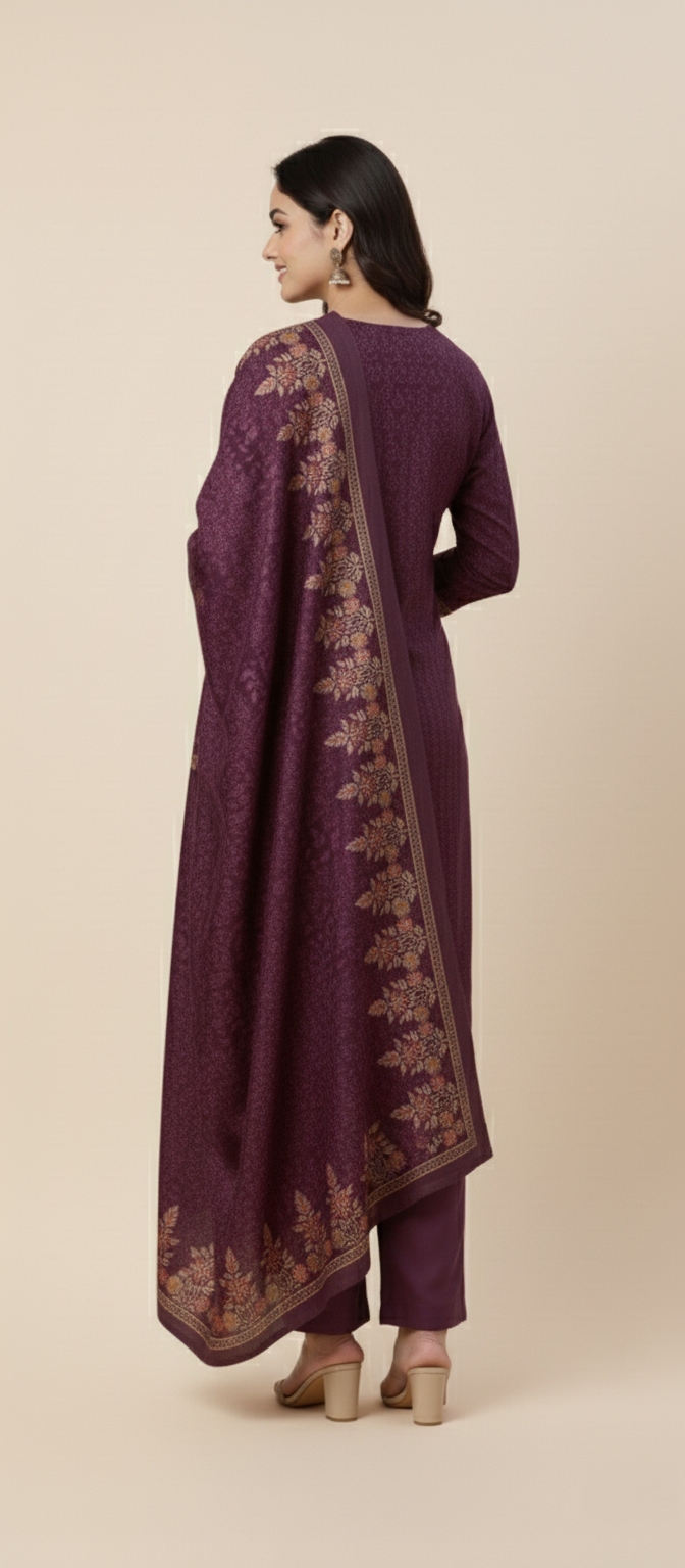 महिलाओं के लिए बैंगनी रंग में कृति ऊनी प्रिंट अनटिच्ड विंटर सूट