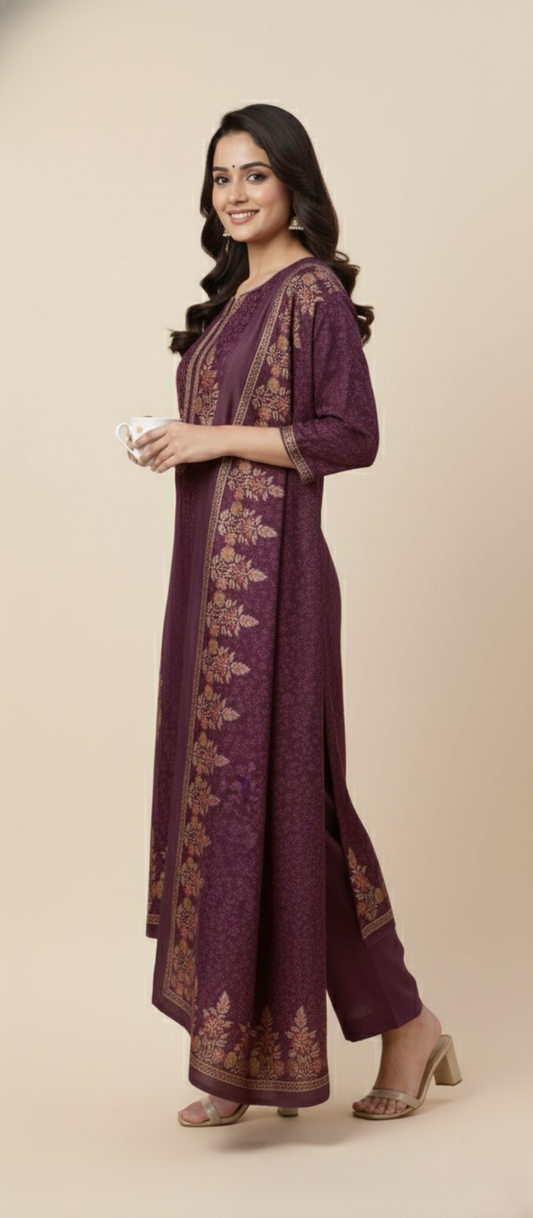 महिलाओं के लिए बैंगनी रंग में कृति ऊनी प्रिंट अनटिच्ड विंटर सूट