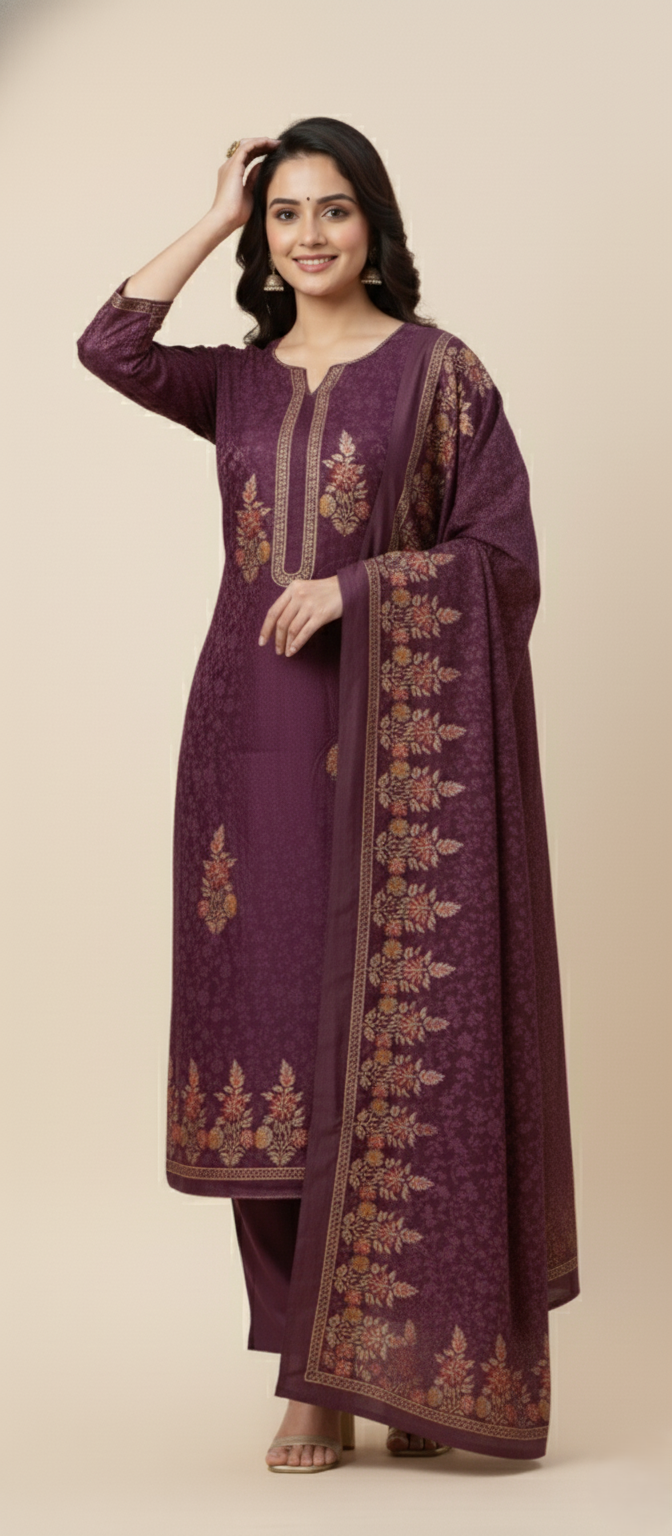 महिलाओं के लिए बैंगनी रंग में कृति ऊनी प्रिंट अनटिच्ड विंटर सूट