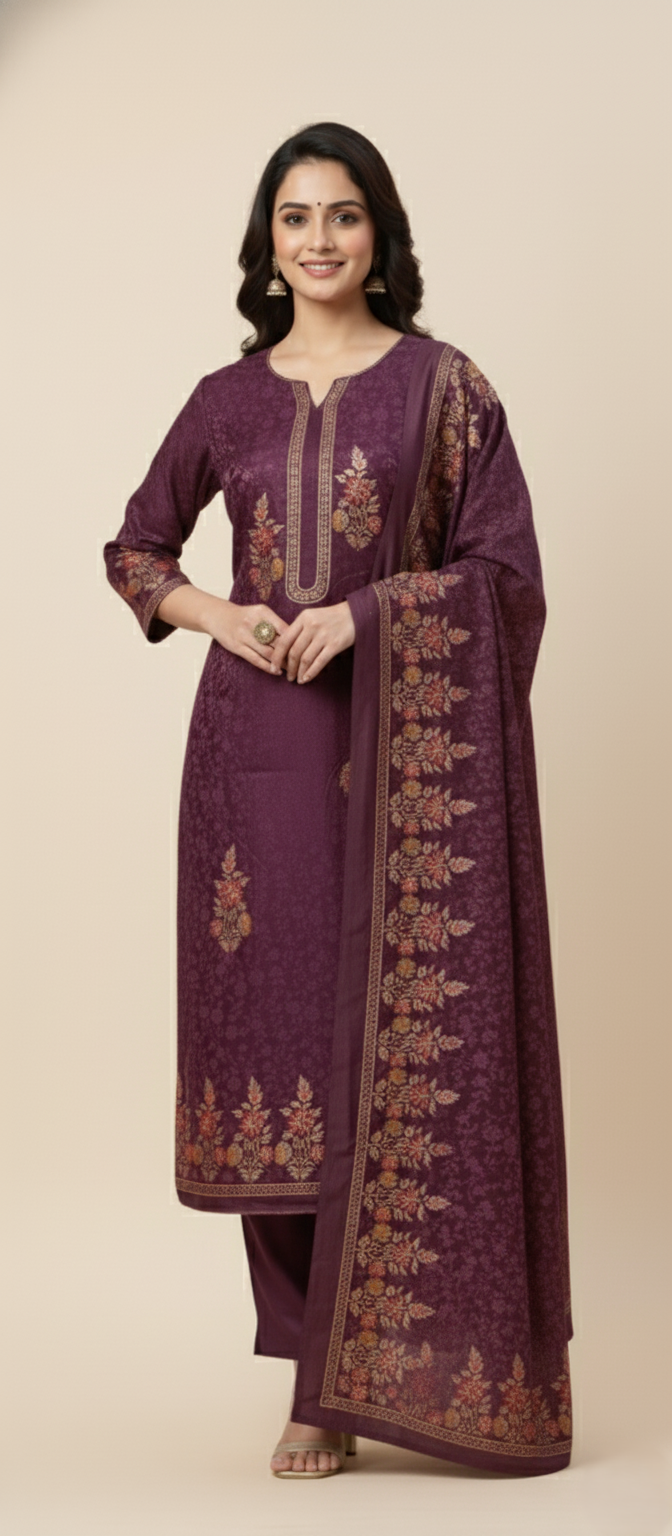 महिलाओं के लिए बैंगनी रंग में कृति ऊनी प्रिंट अनटिच्ड विंटर सूट