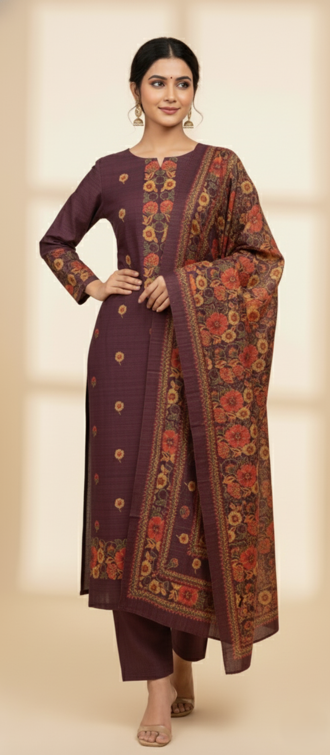 KRITI Woolen Print Untitched Winter Suit with Maroon Color For Women