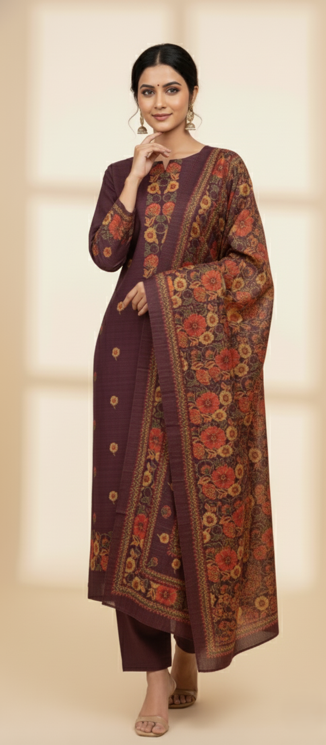 KRITI Woolen Print Untitched Winter Suit with Maroon Color For Women