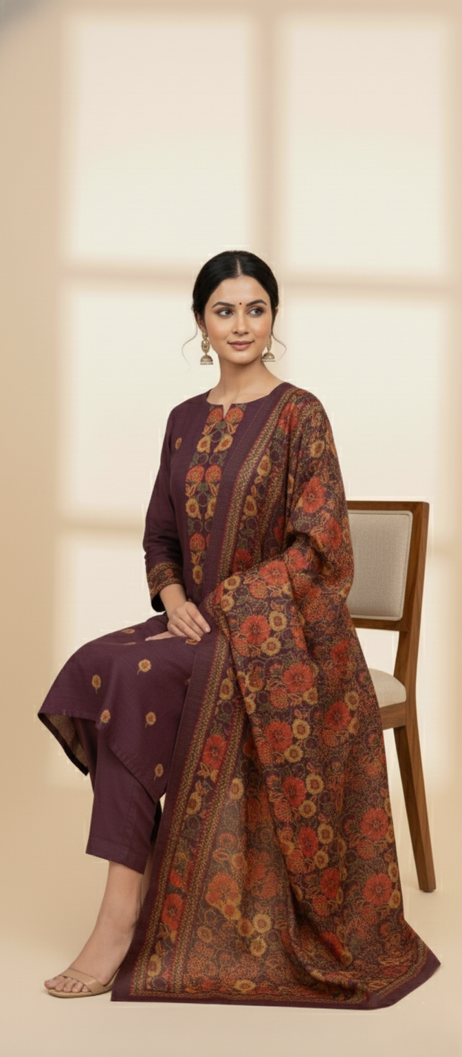 KRITI Woolen Print Untitched Winter Suit with Maroon Color For Women
