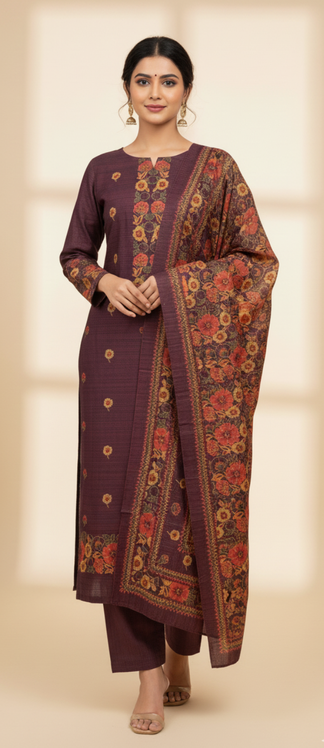 KRITI Woolen Print Untitched Winter Suit with Maroon Color For Women