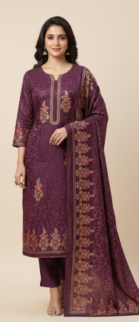 महिलाओं के लिए बैंगनी रंग में कृति ऊनी प्रिंट अनटिच्ड विंटर सूट