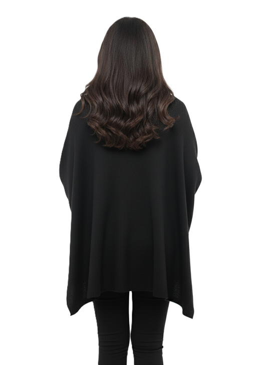 महिलाओं के लिए शानदार काला बुना हुआ पोंचो केप, कृत्रिम फर कॉलर के साथ | कढ़ाईदार तितली और मनके वाला विंटर रैप