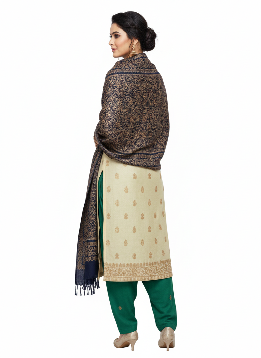 KRITI Floral Design Warm Woolen Navy Color Shawl for Women