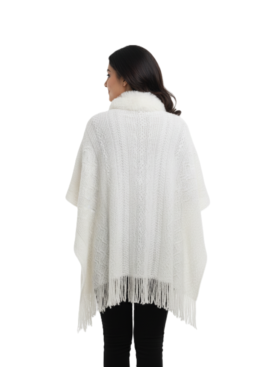 महिलाओं के लिए प्रीमियम फॉक्स फर ट्रिम ऊन रैप | सुरुचिपूर्ण ओवरसाइज़्ड विंटर पोंचो | आदर्श उपहार