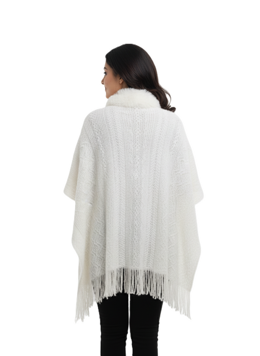 महिलाओं के लिए प्रीमियम फॉक्स फर ट्रिम ऊन रैप | सुरुचिपूर्ण ओवरसाइज़्ड विंटर पोंचो | आदर्श उपहार