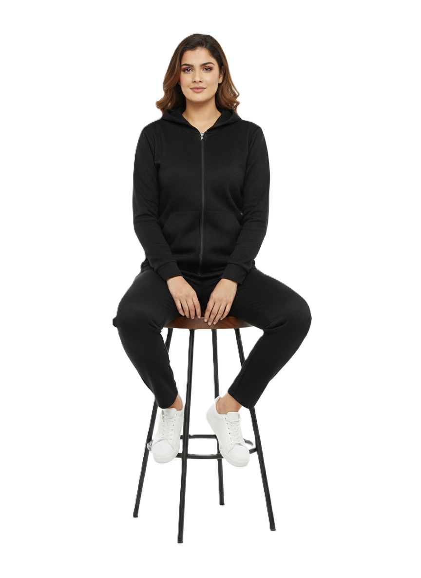 KRITI महिलाओं के लिए पॉलिएस्टर ब्लेंड काले रंग की हुडीज़ ट्रैकसूट विंटरवियर के लिए