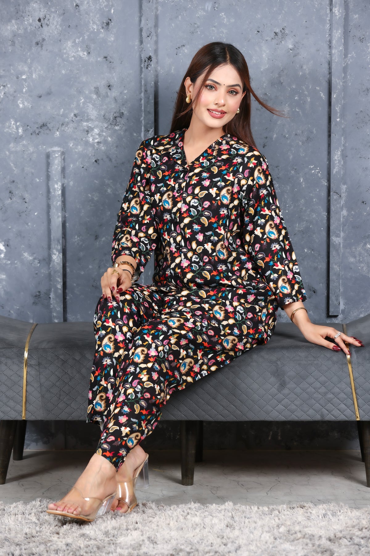 Paisley Printed Rayon Cotton Co-Ord Set - Black