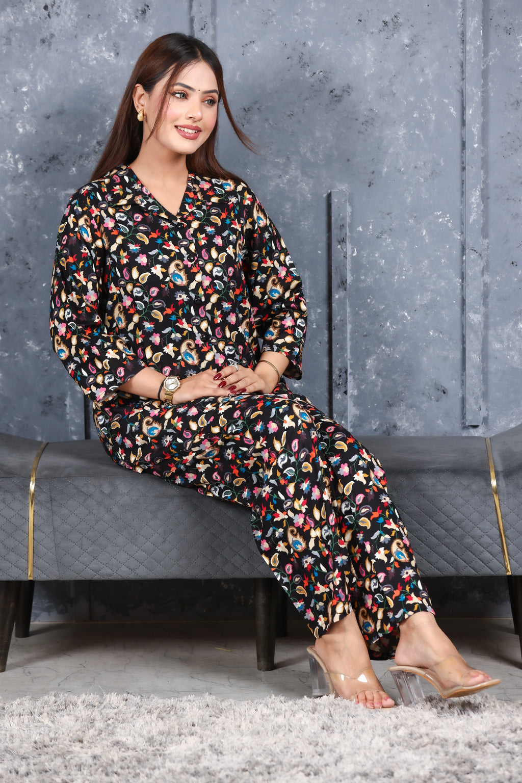 Paisley Printed Rayon Cotton Co-Ord Set - Black